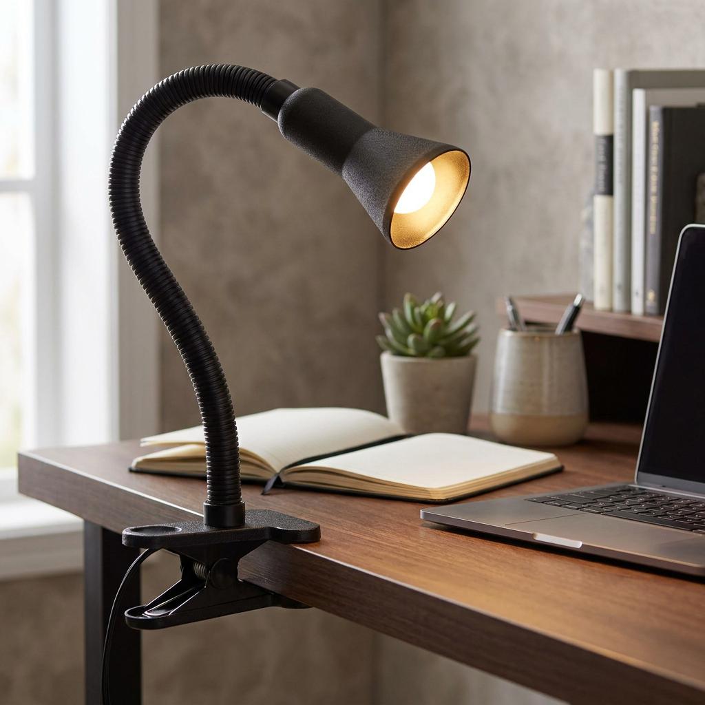 A black flexible clip-on task lamp illuminates an open notebook on a wooden desk next to a laptop.