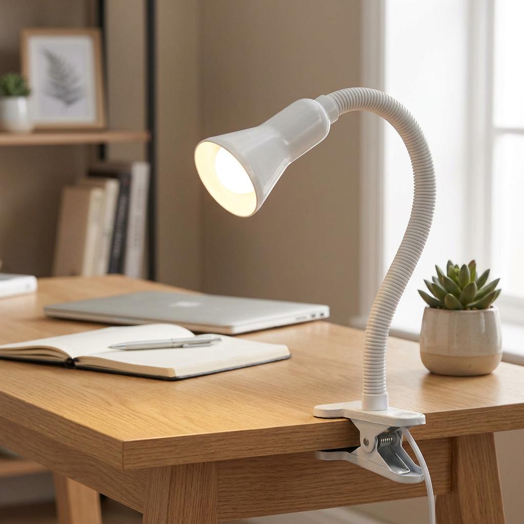 White flexible clip-on task lamp illuminating an open notebook on a wooden desk.