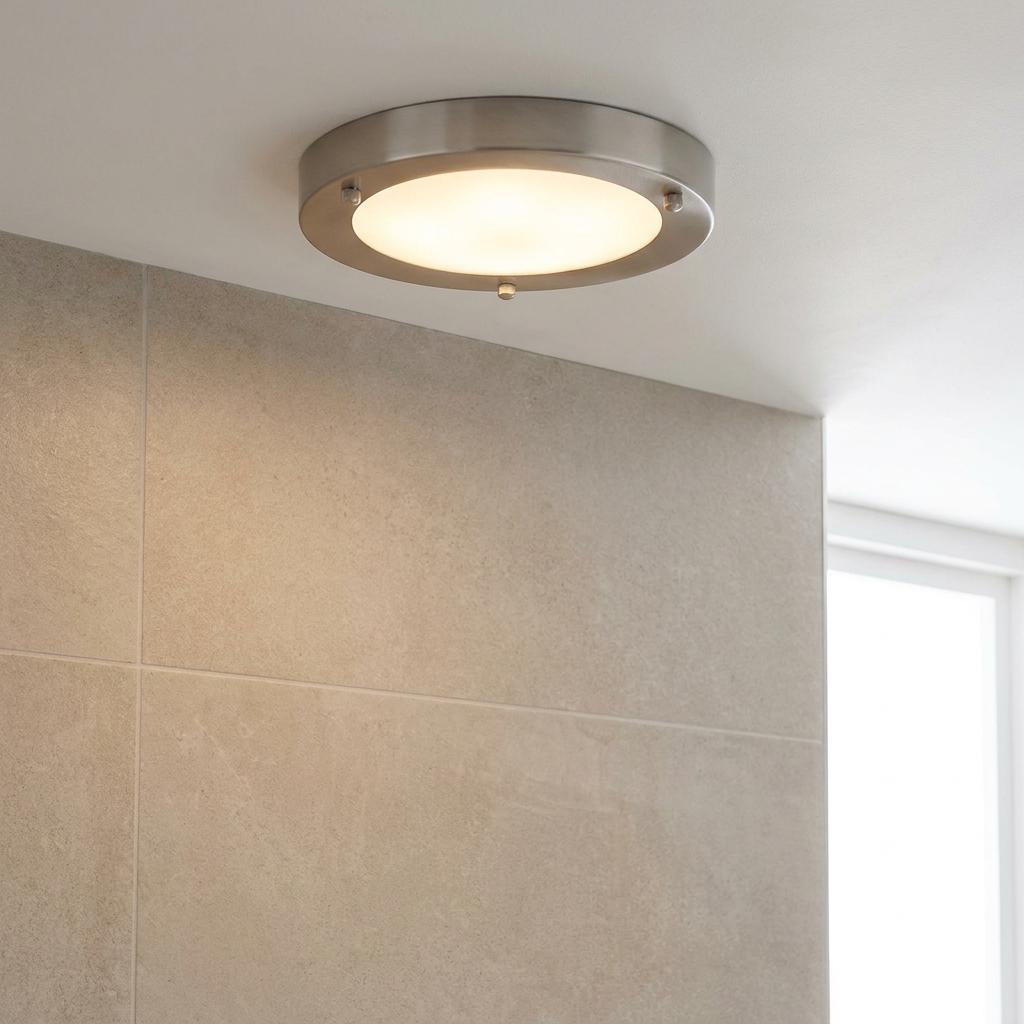 Satin silver circular flush mount bathroom light with frosted glass diffuser on a ceiling above tiled walls.