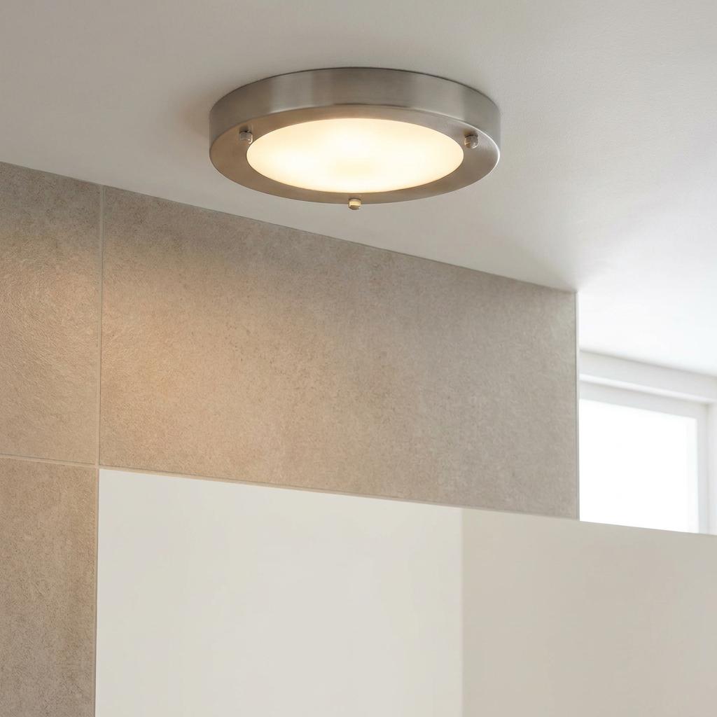 Circular silver ceiling flush light with frosted glass, mounted in a modern tiled bathroom above a mirror.