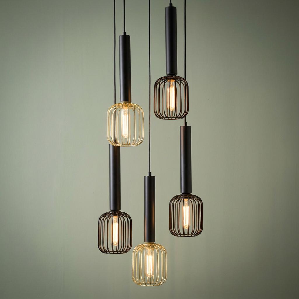 Five-light multi-drop pendant with black and gold wire cages and glowing bulbs against a light green wall.