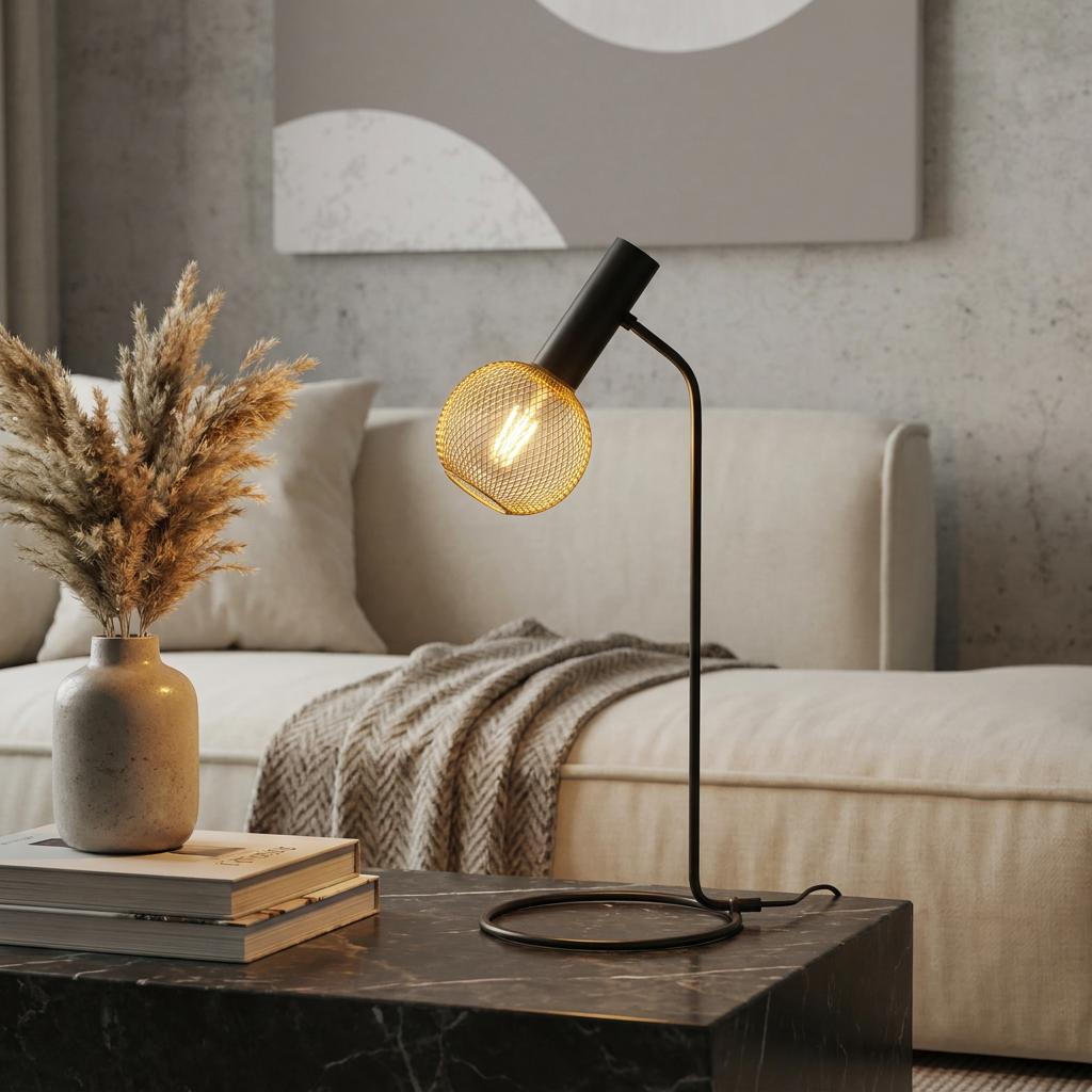 Searchlight Dulwich black table lamp with a gold mesh globe shade on a marble table in a modern living room.