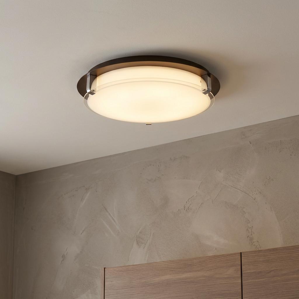 Round brown LED flush ceiling light with opal glass shade illuminating a room with textured walls.