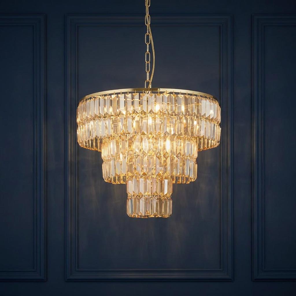 Three-tiered brass chandelier with champagne glass prisms lit against a navy blue paneled wall.