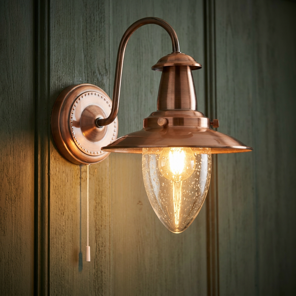 Copper fisherman wall light with a seeded glass shade and pull cord, lit against a green wood panelled wall.