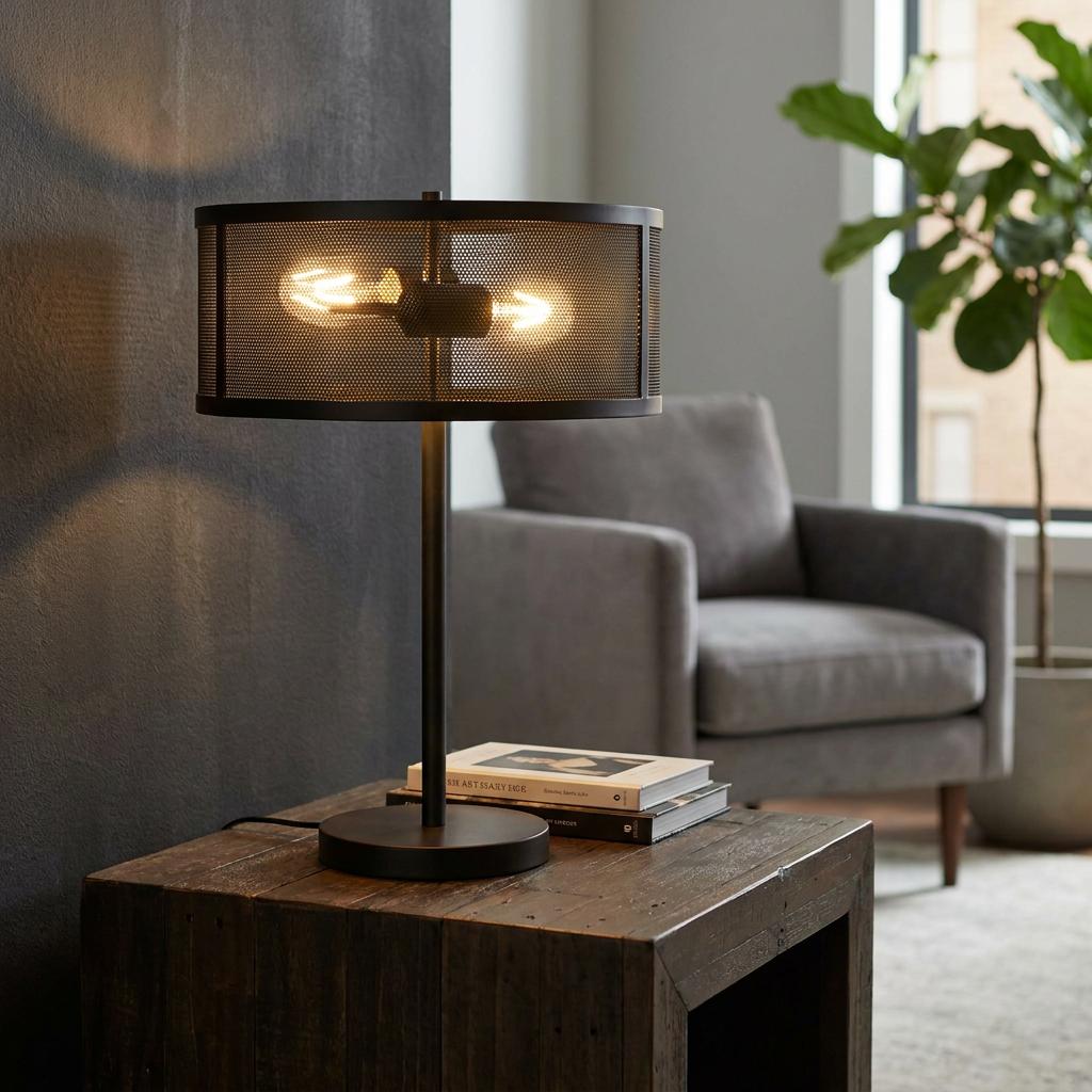 Industrial black table lamp with a mesh metal shade on a rustic wooden side table in a living room.