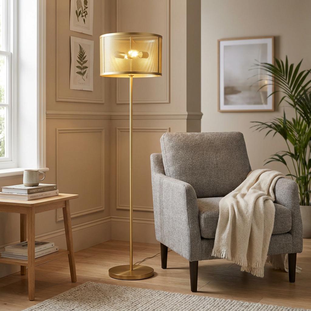 Gold floor lamp with a cylindrical mesh shade next to a grey armchair in a neutral-toned living room corner.