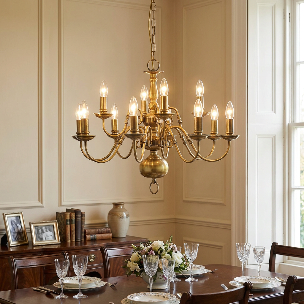 A Searchlight Flemish 12-light solid brass chandelier illuminating an elegant dining room table.
