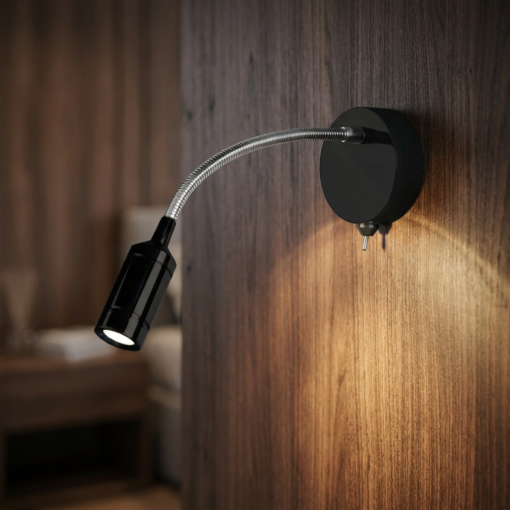 A modern black and chrome flexible neck wall reading light mounted on a dark wood panel.