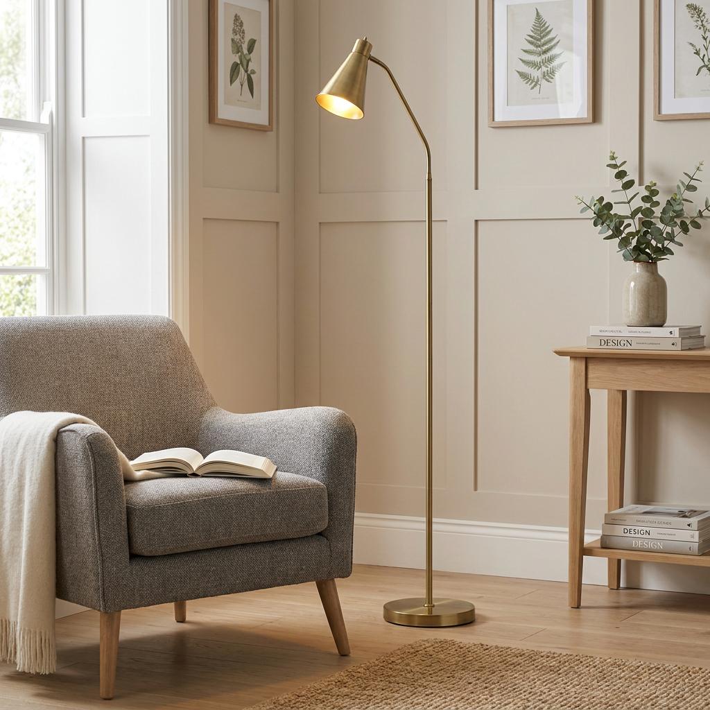 Brass flexi-head floor lamp casting a warm glow over a grey armchair in a cozy, modern living room.