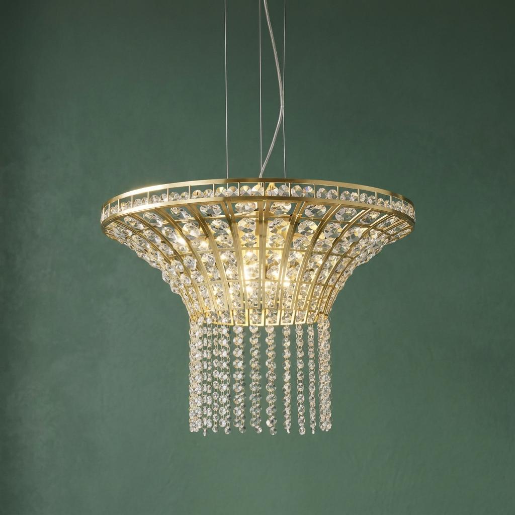 A flared brass pendant light with intricate crystal details and hanging beads against a dark green wall.