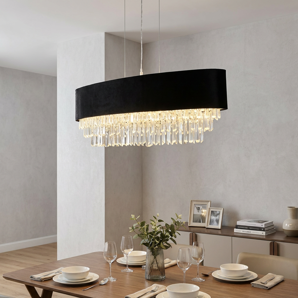 Oval black velvet pendant light with crystal droplets hanging over a minimalist dining table.
