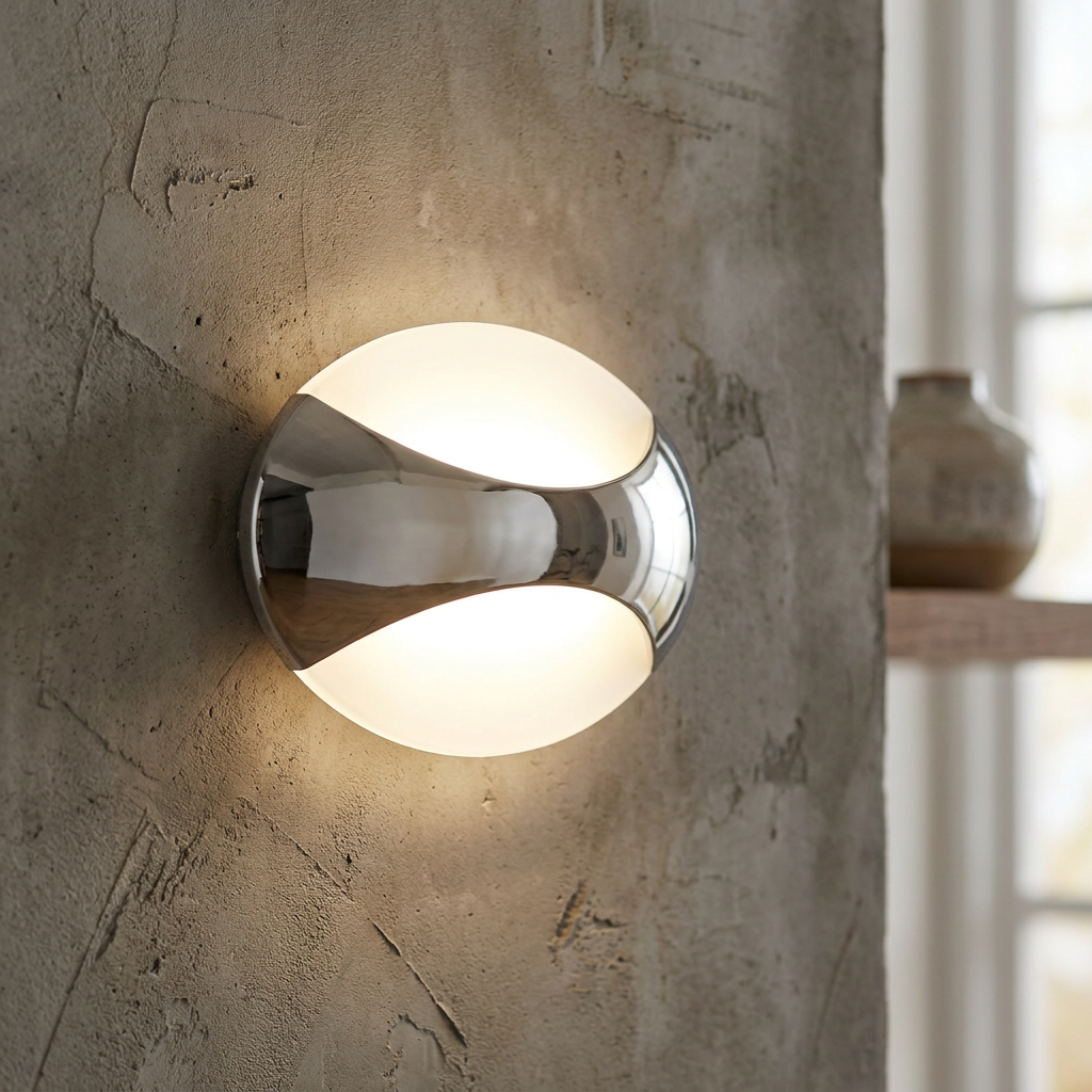 Searchlight Glow LED oval chrome wall light with frosted glass glowing on a textured concrete wall.