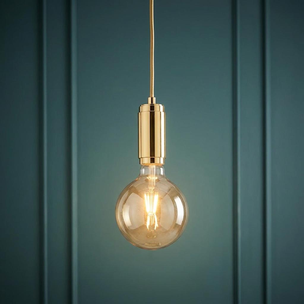 Modern gold pendant light with a large vintage filament bulb hanging against a teal paneled wall.