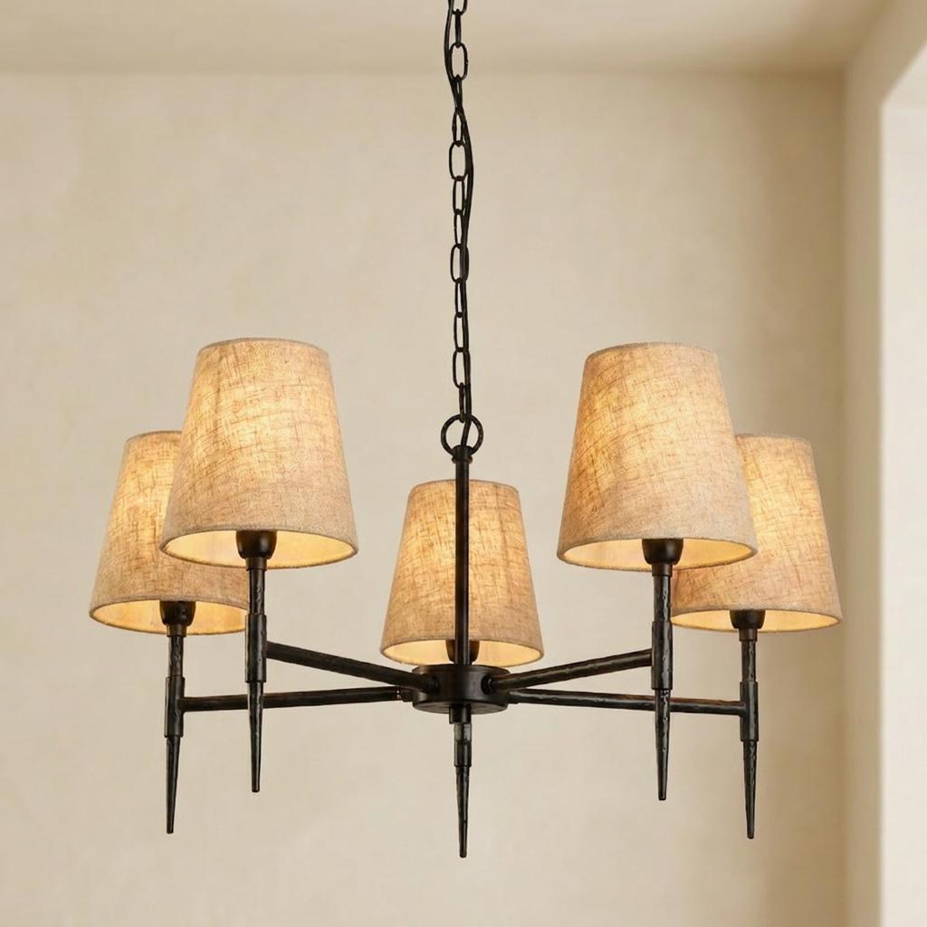 Searchlight Gothic 5 light chandelier with hammered black metal finish and natural linen shades on a chain.