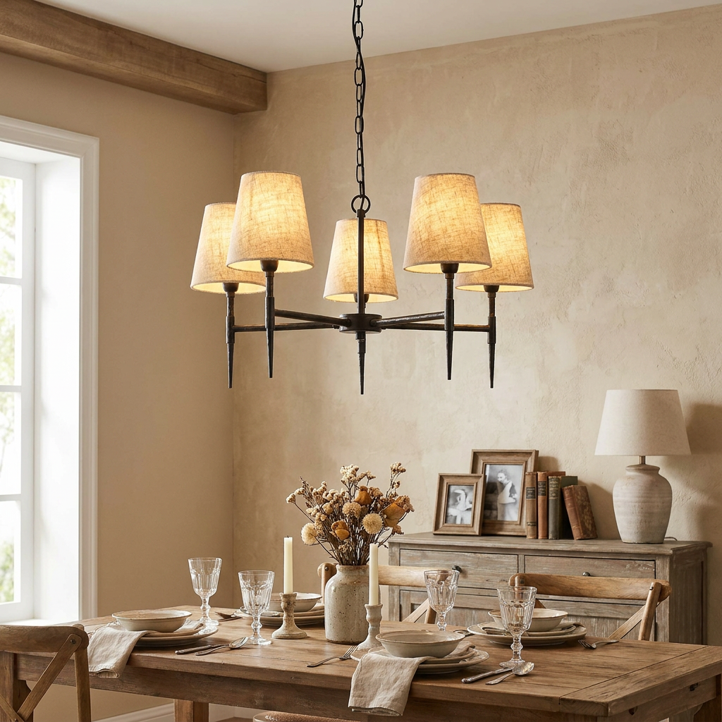 Five-light hammered black gothic chandelier with natural linen shades hanging over a rustic dining table.