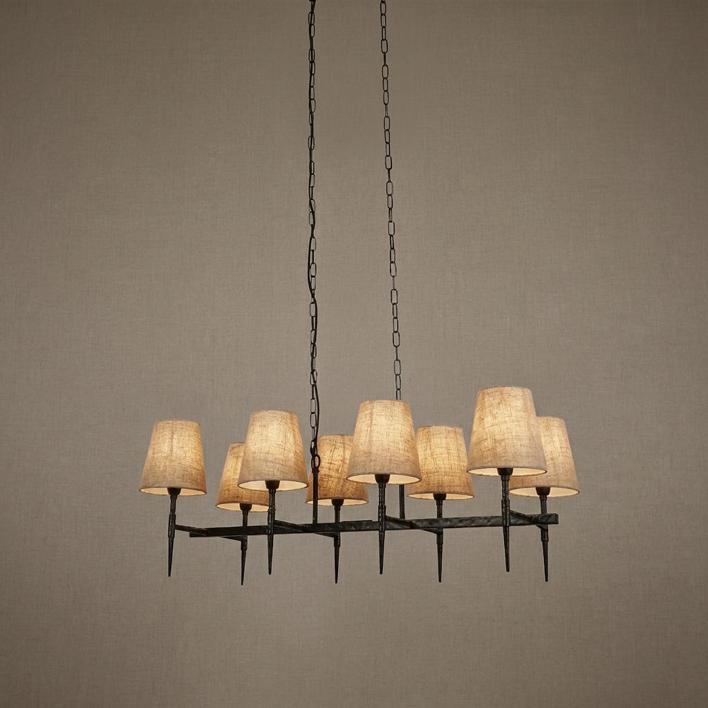Gothic 8-light hammered black pendant with natural linen shades suspended by chains against a neutral background.