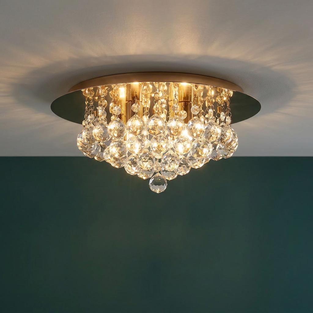Gold flush ceiling light with faceted crystal balls illuminated against a dark green wall.