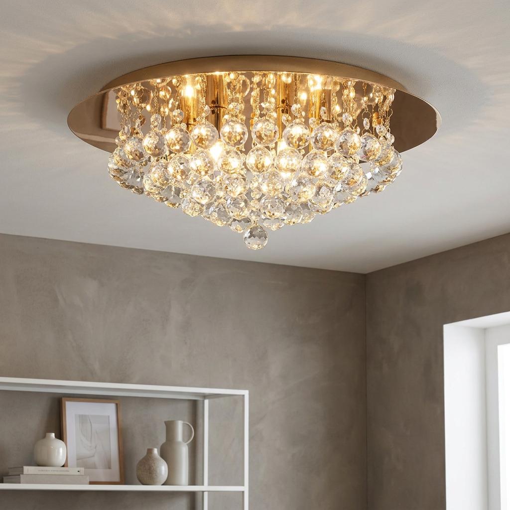 Searchlight Hanna 6-light flush gold ceiling fixture with cascading clear crystal drops in a contemporary interior.