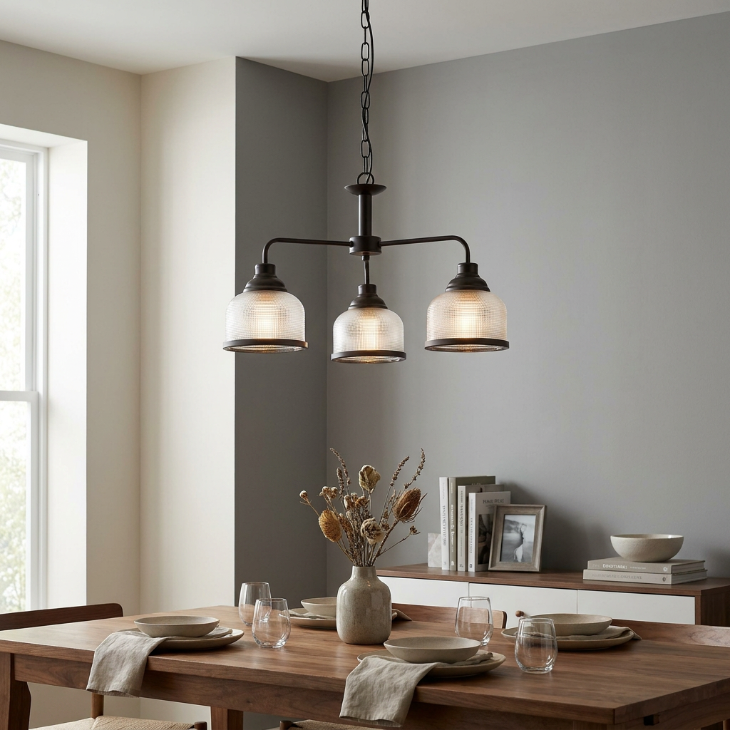Searchlight Highworth three-light black pendant with holophane glass shades over a wooden dining table.