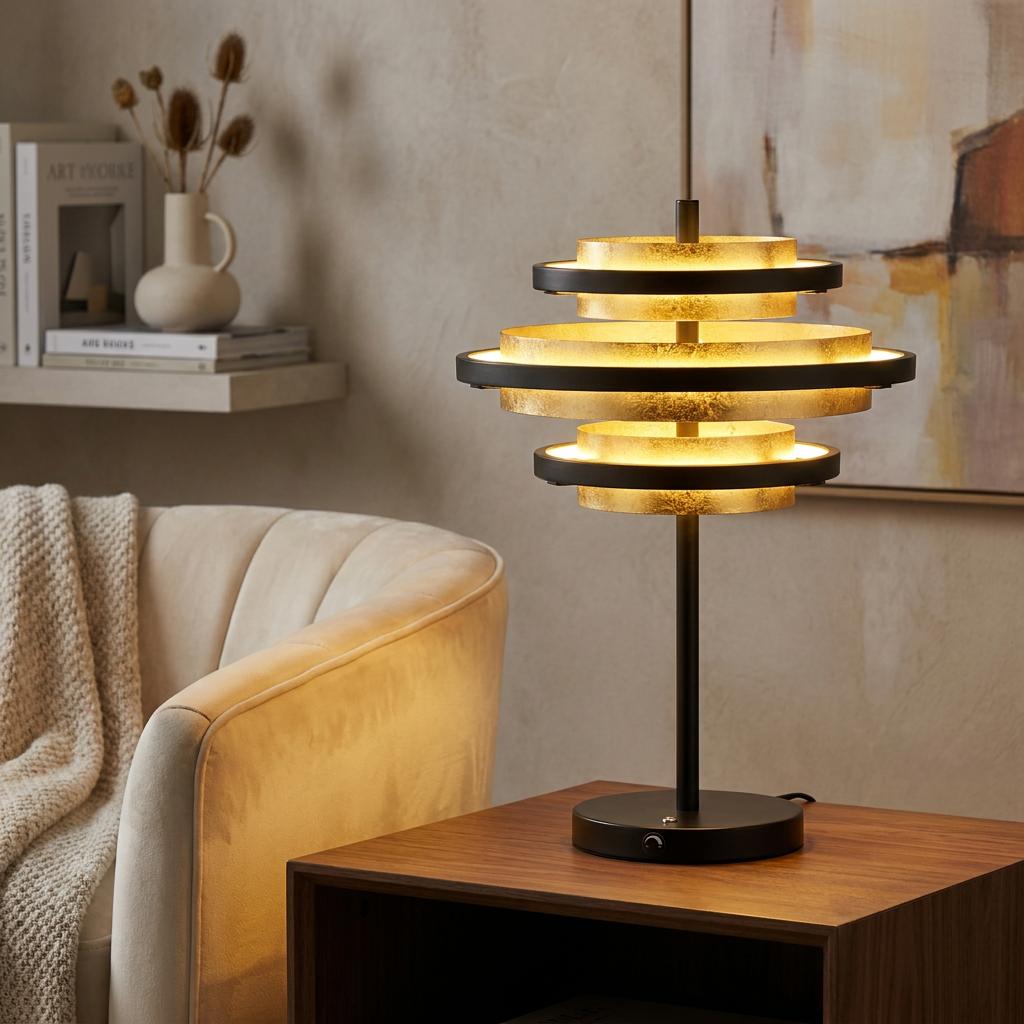 Modern Hive table lamp with tiered black and gold rings glowing on a wooden table beside a beige armchair.