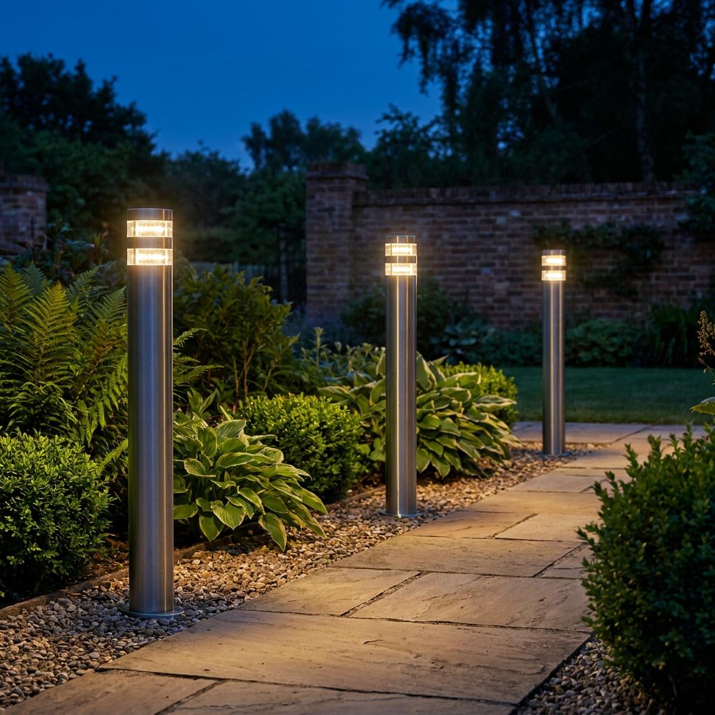 Three modern stainless steel LED bollard lights illuminating a stone garden path at dusk.