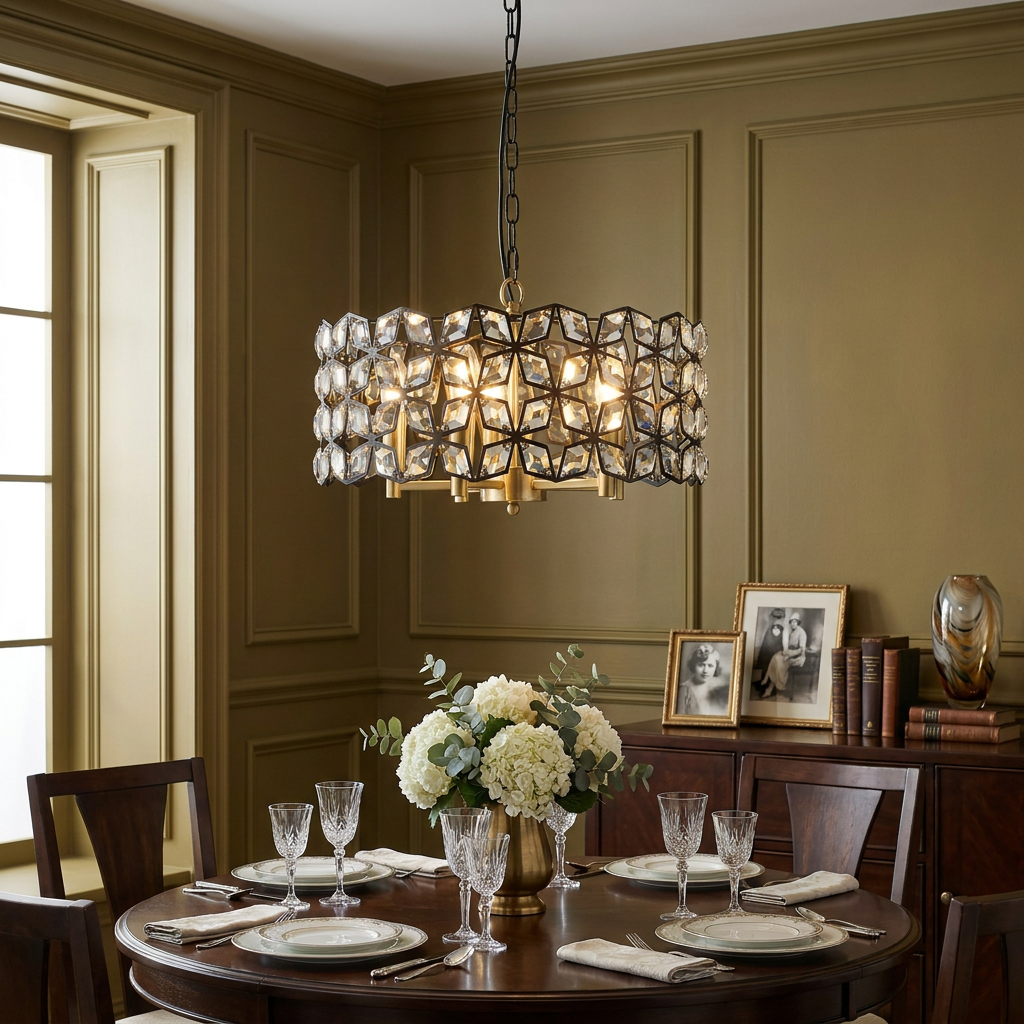 Geometric black and brass 5-light pendant with crystals hanging above a set dining table in a green paneled room.