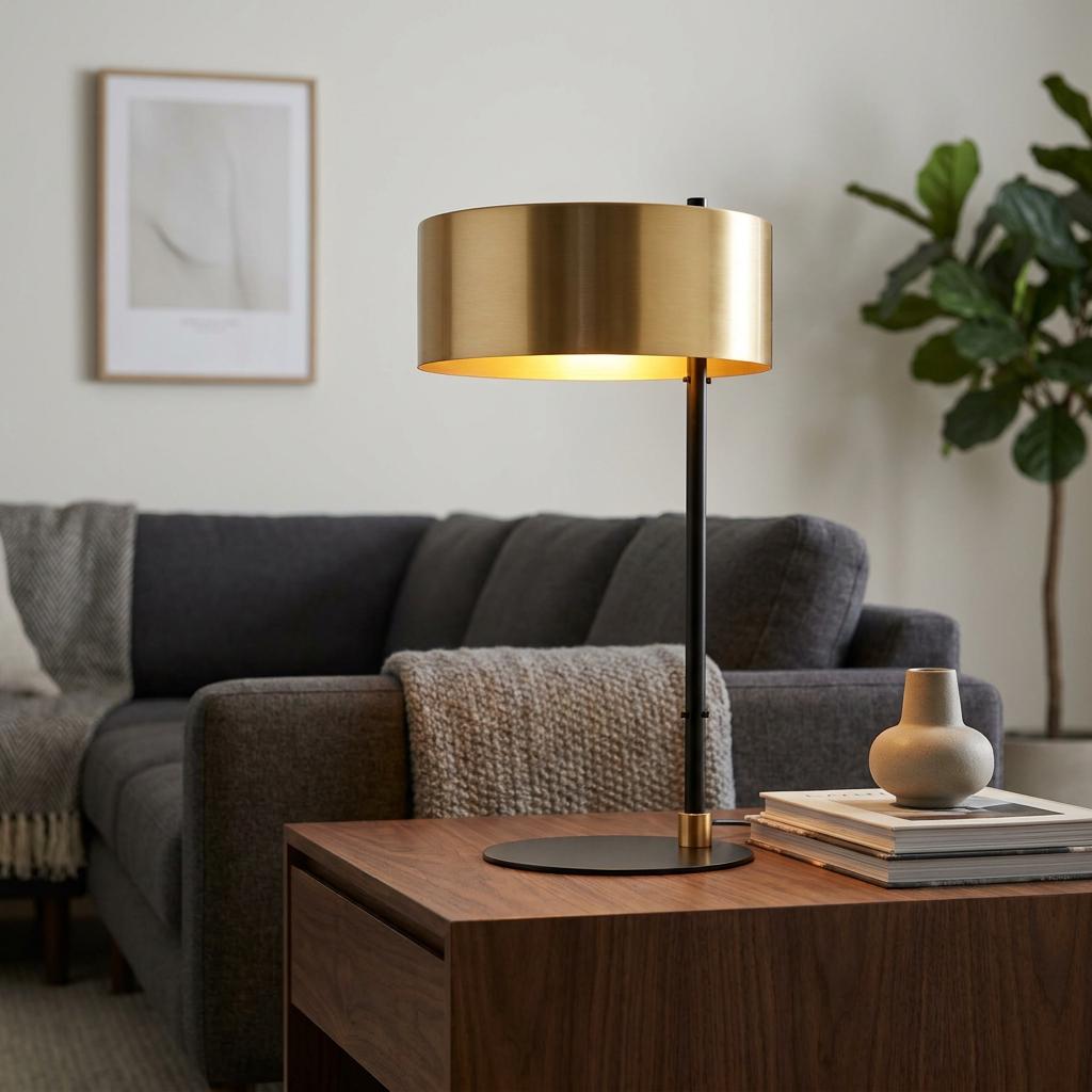 Black and gold table lamp with a brass drum shade illuminated on a wooden side table in a living room.