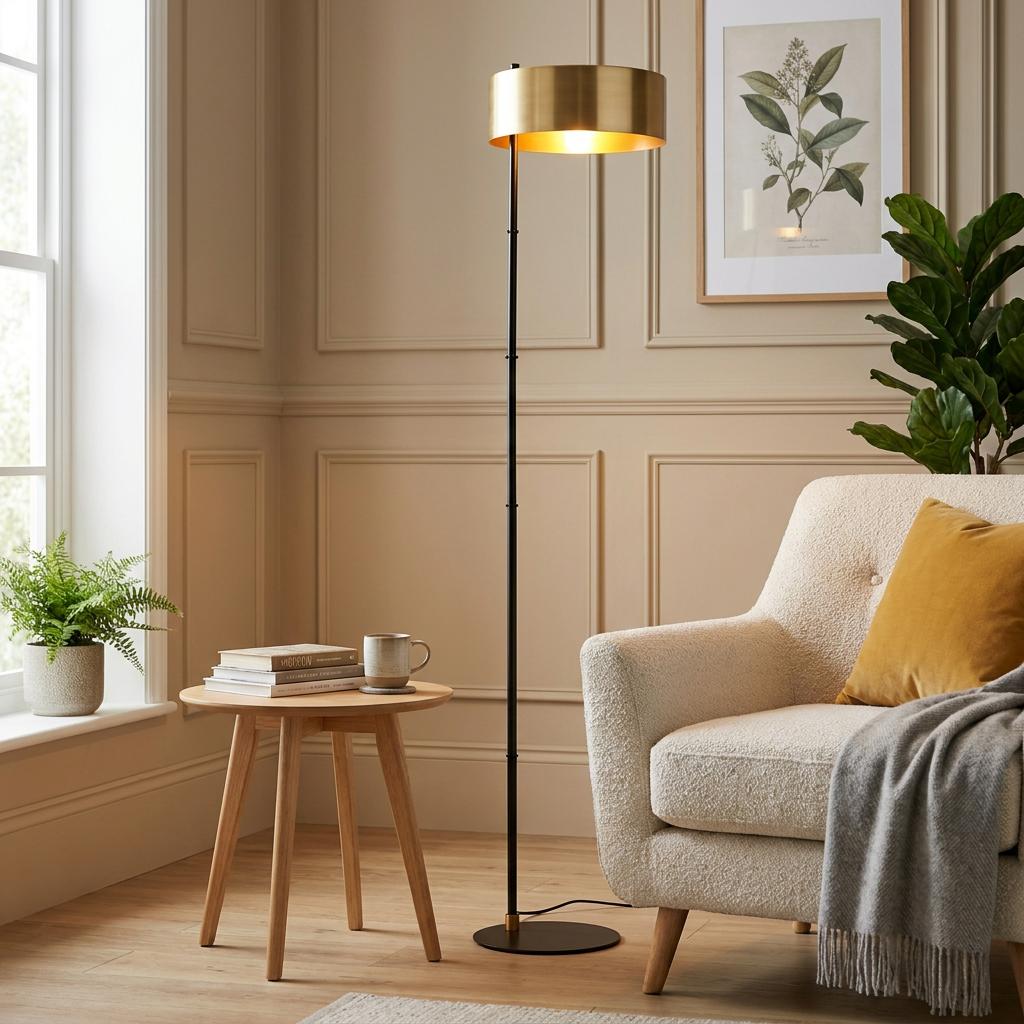 Modern black floor lamp with a gold drum shade next to a cream armchair in a minimalist living room.