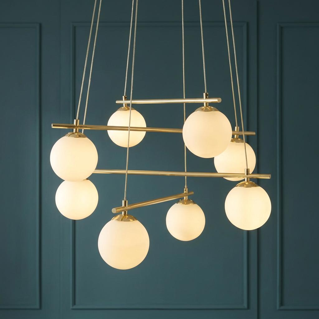 Modern gold pendant light with eight opal glass globes against a teal panelled wall.