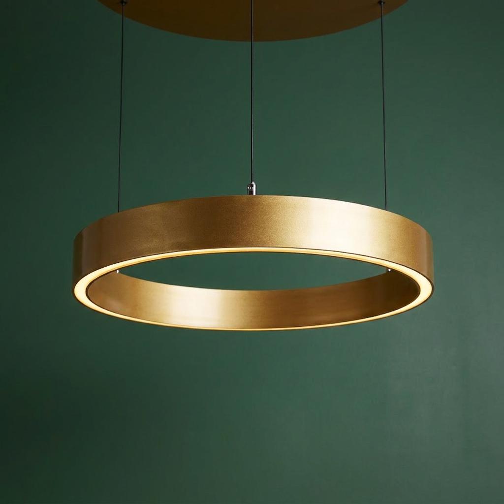 A circular gold LED pendant light with a warm inner glow, suspended against a dark green wall.