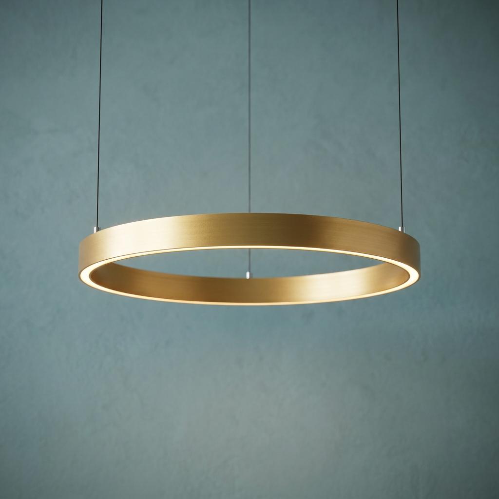 A modern gold halo-shaped pendant light with an illuminated inner rim, suspended against a textured teal wall.