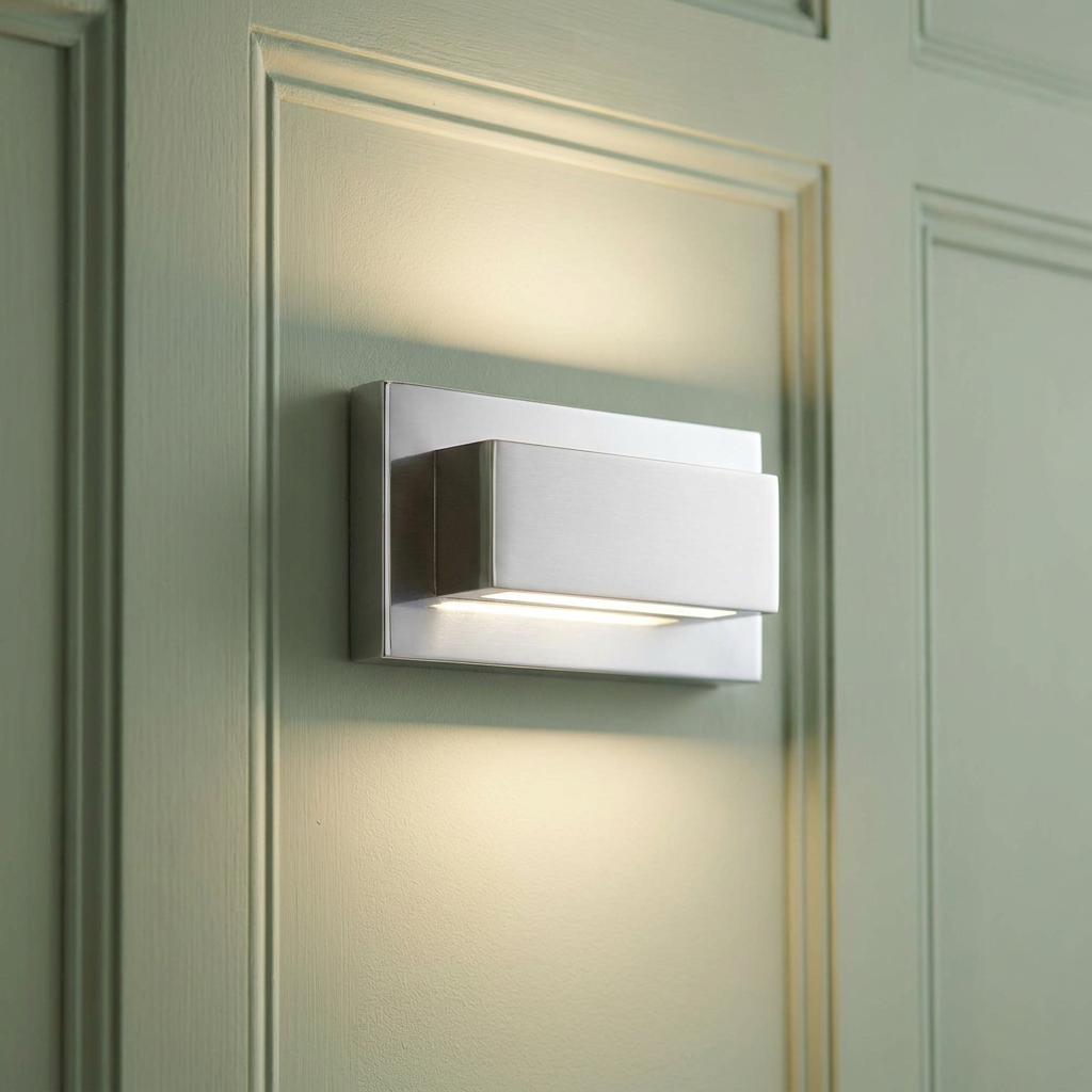 Modern rectangular chrome up and down wall light glowing on a sage green paneled wall.