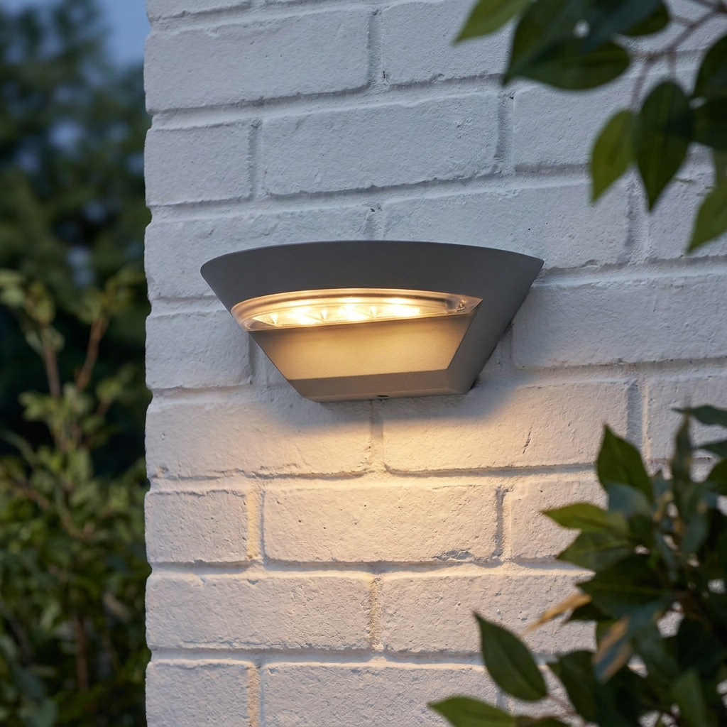 Grey semi-circle LED outdoor wall light mounted on a white brick wall, casting a warm glow downwards.