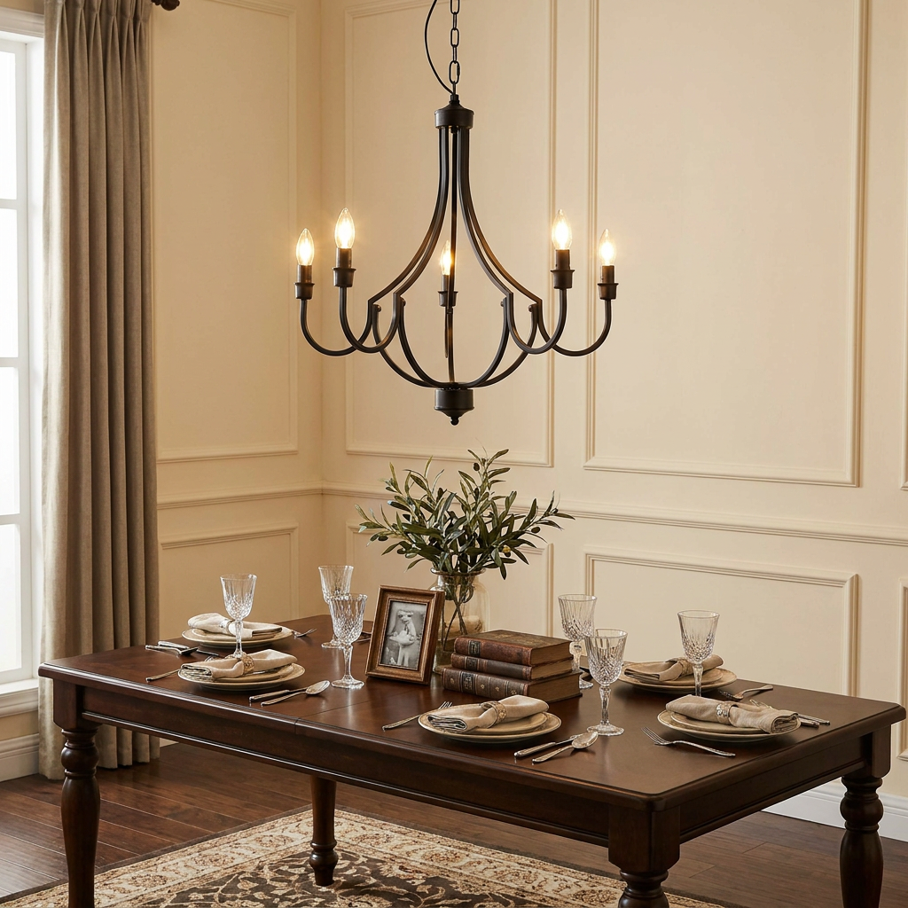 A black five-light chandelier hangs above an elegantly set wooden dining table in a classic neutral-toned room.
