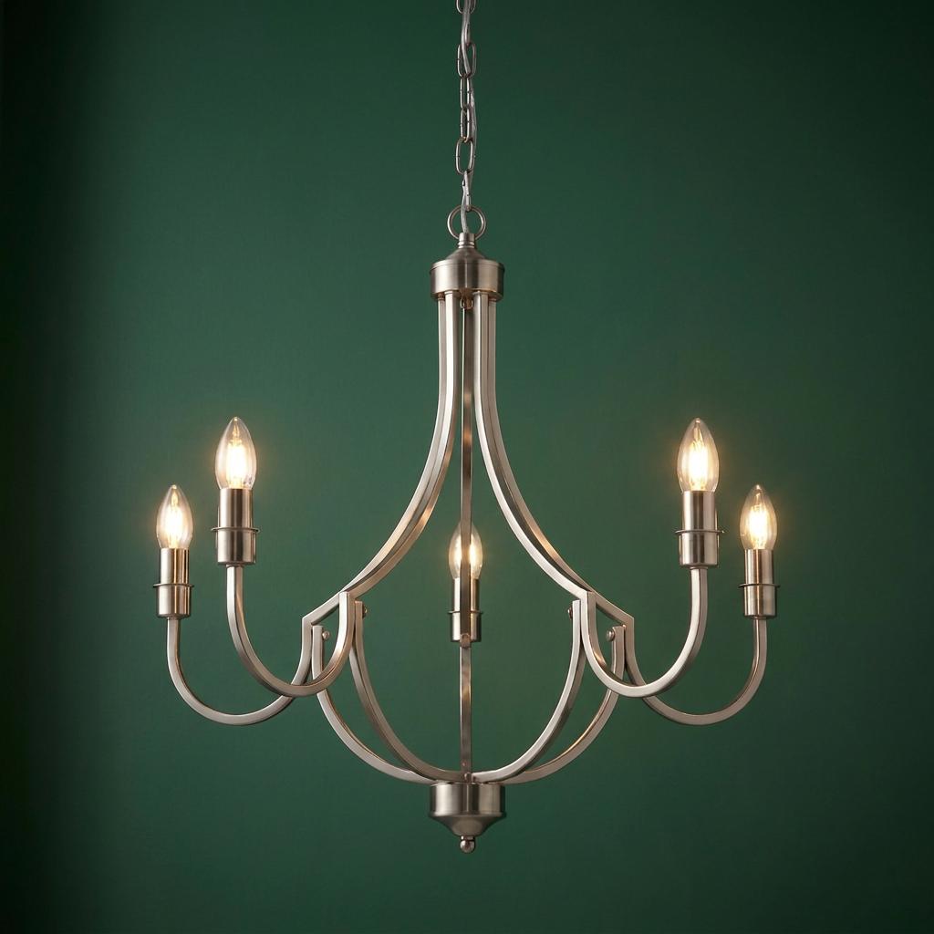 Five-light satin silver pendant chandelier with lit candle bulbs against a dark green background.