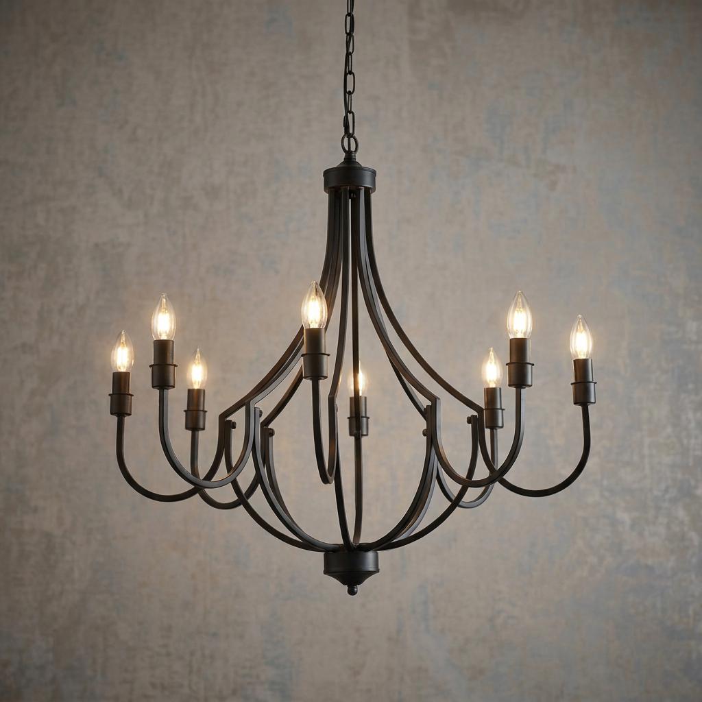 Eight-light black chandelier with elegant curved arms and glowing candle bulbs against a textured wall.
