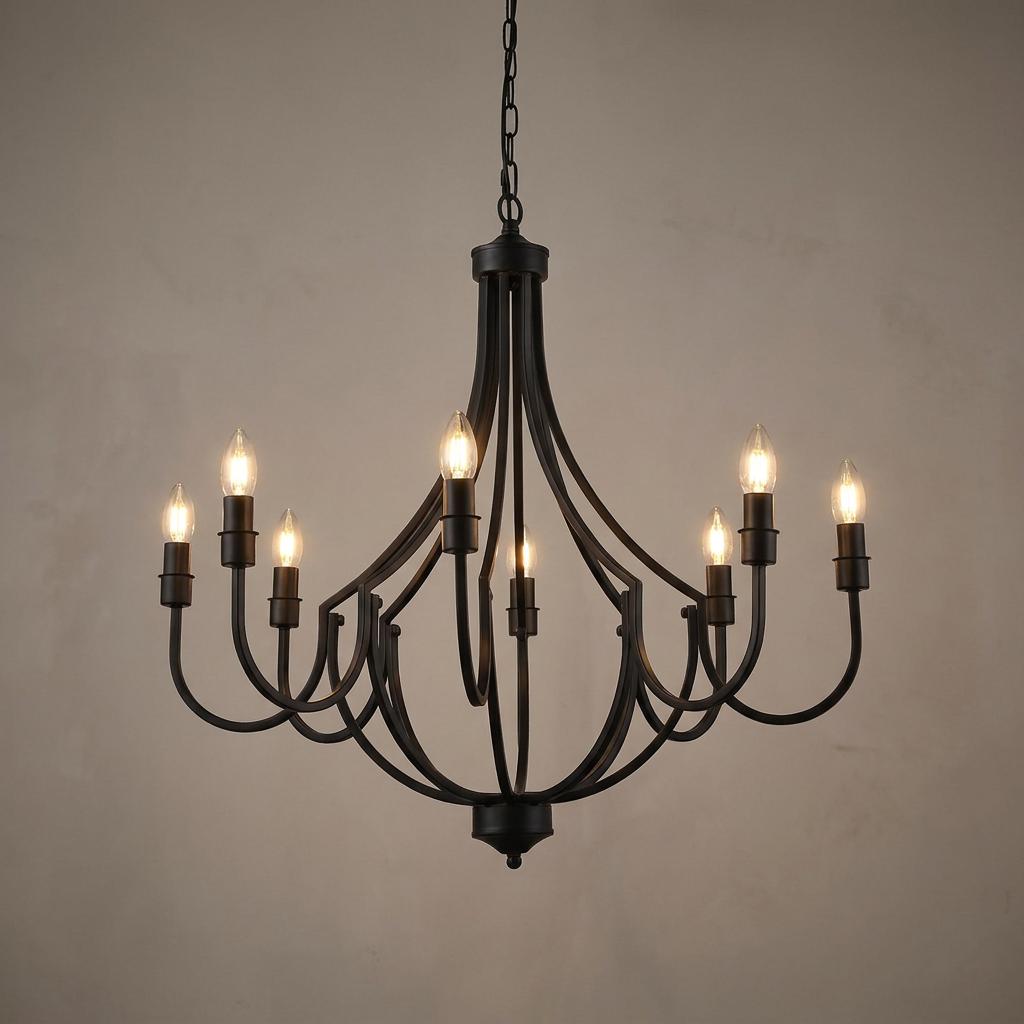 Searchlight Lodge 8-light black pendant chandelier with curved arms and glowing candle bulbs.