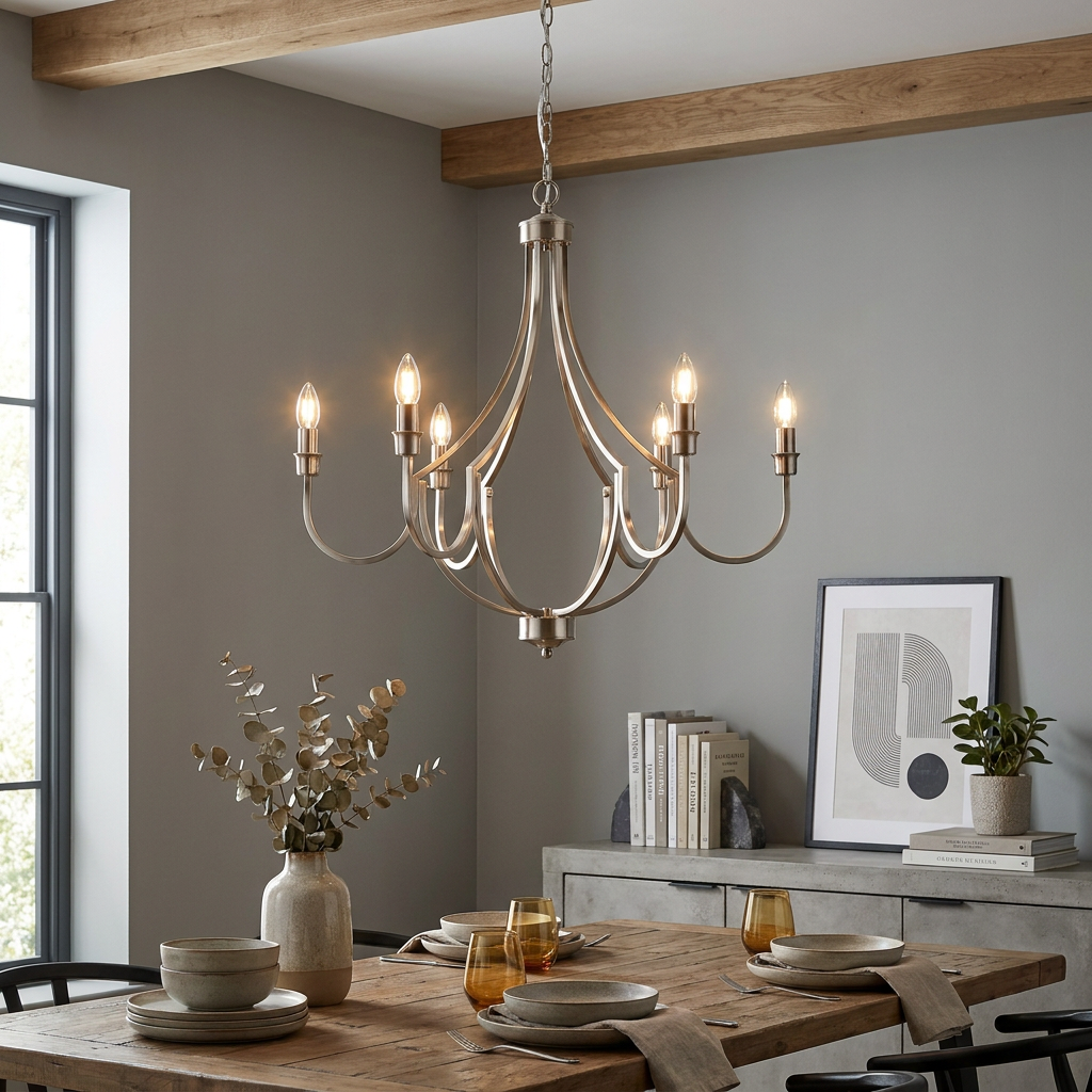 Silver eight-light chandelier hanging over a wooden dining table in a modern room with exposed ceiling beams.