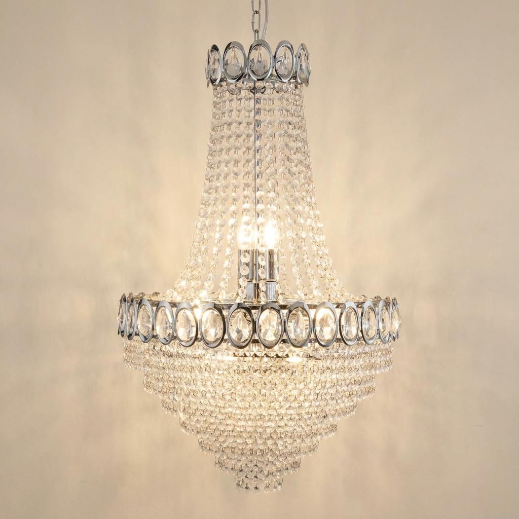 Searchlight Louis Philipe 11-light chrome chandelier featuring cascading crystal beads and decorative metal rings.