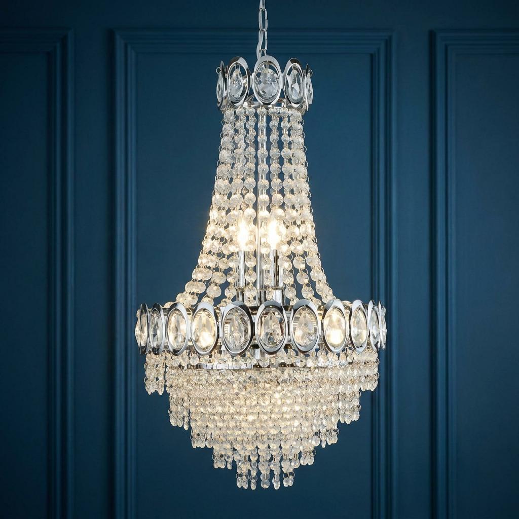 Louis Philipe 6-light chrome chandelier with cascading crystal beads against a dark blue paneled wall.