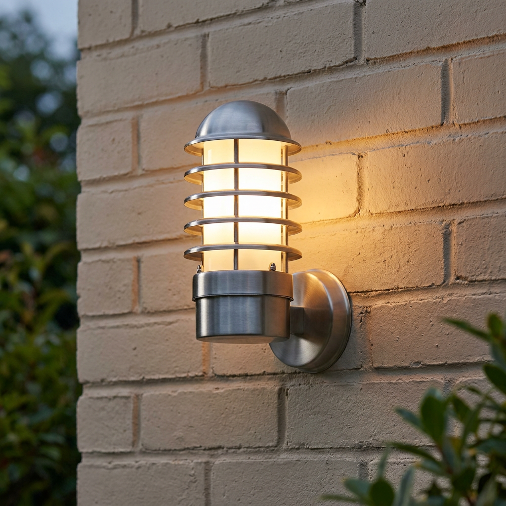 Illuminated brushed stainless steel louvre wall light with a frosted diffuser mounted on a light-colored brick wall.