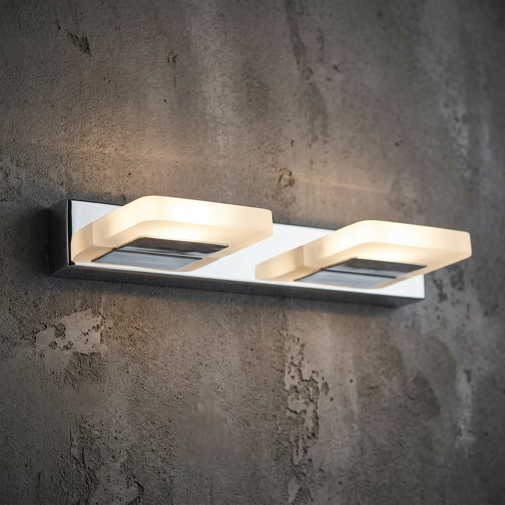 Modern two-light LED wall fixture with frosted square shades on a chrome base, mounted on a textured concrete wall.