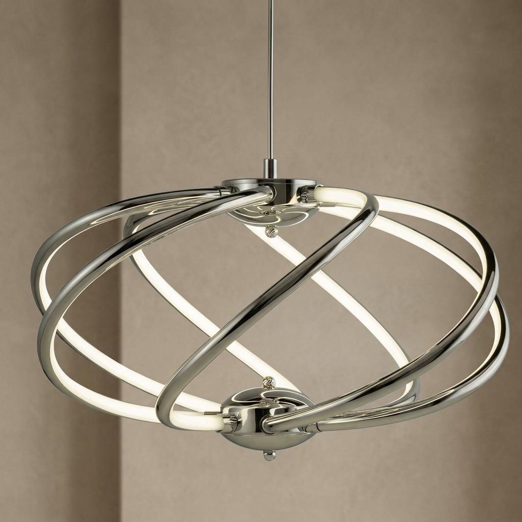 Modern chrome ceiling pendant with seven intertwining LED curved arms creating a sculptural orb.