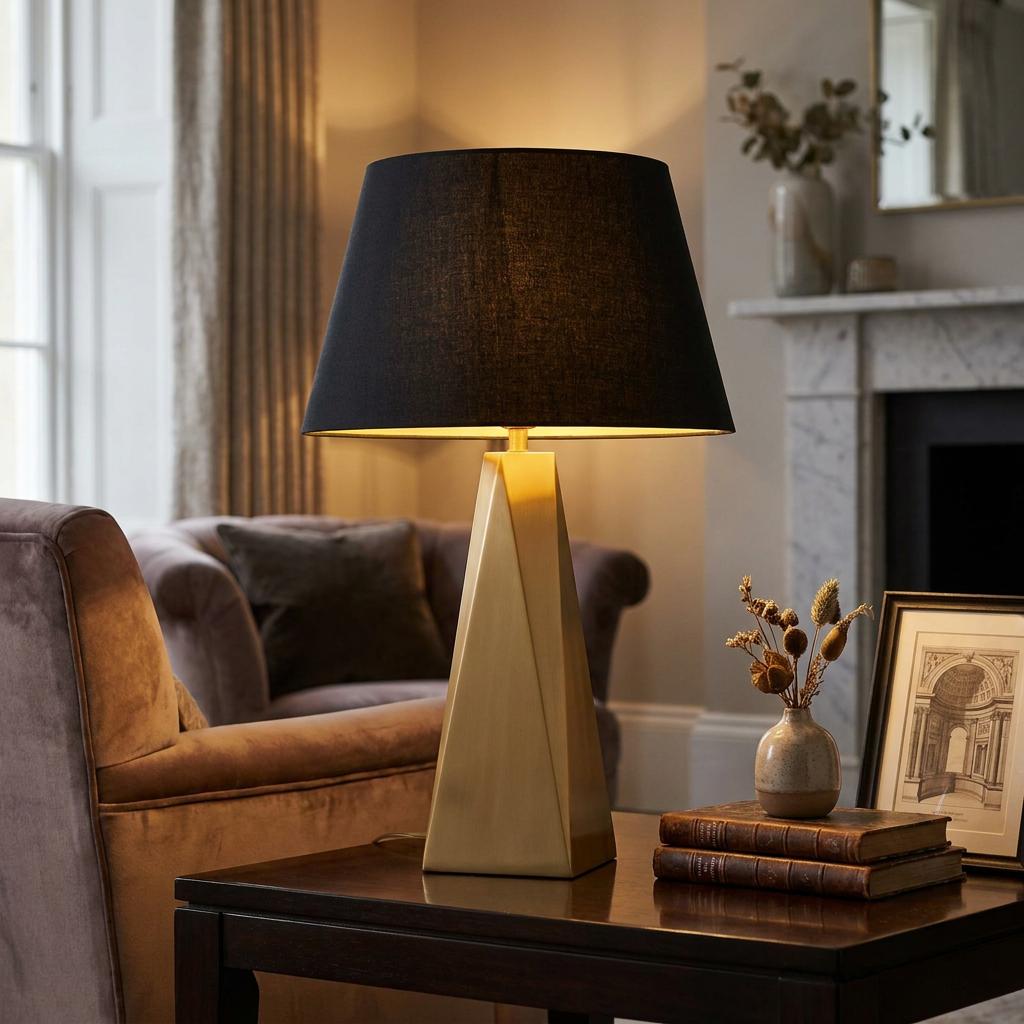 Gold geometric table lamp with a black shade on a wood side table in a cozy, warmly lit living room.