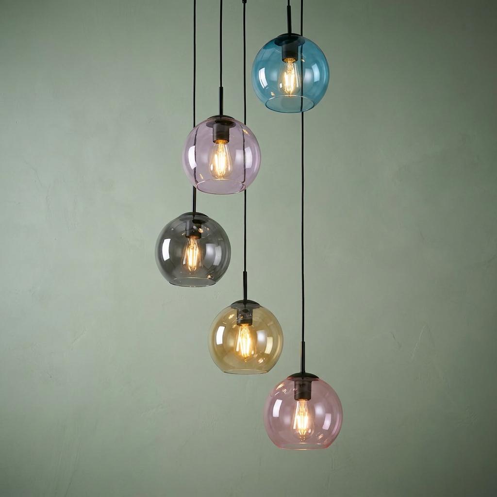 Searchlight Mardi Gras II 5 Light Multi-Drop Black Pendant - Coloured Glass Shades-warehouse-180926