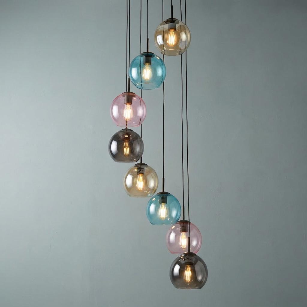 Eight-light multi-drop pendant with colorful spherical glass shades hanging against a plain gray wall.