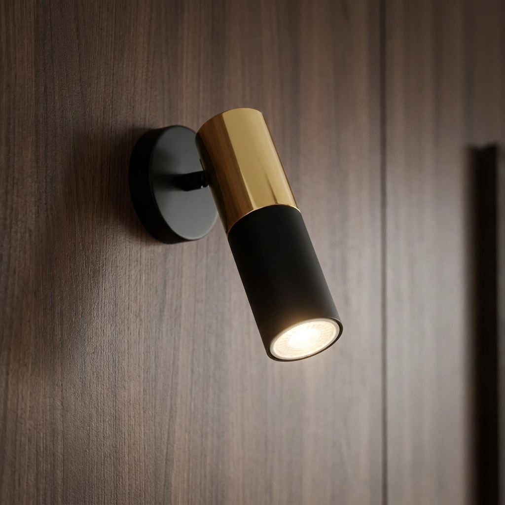 Modern black and gold cylindrical wall spotlight mounted on dark wood, emitting a warm light.