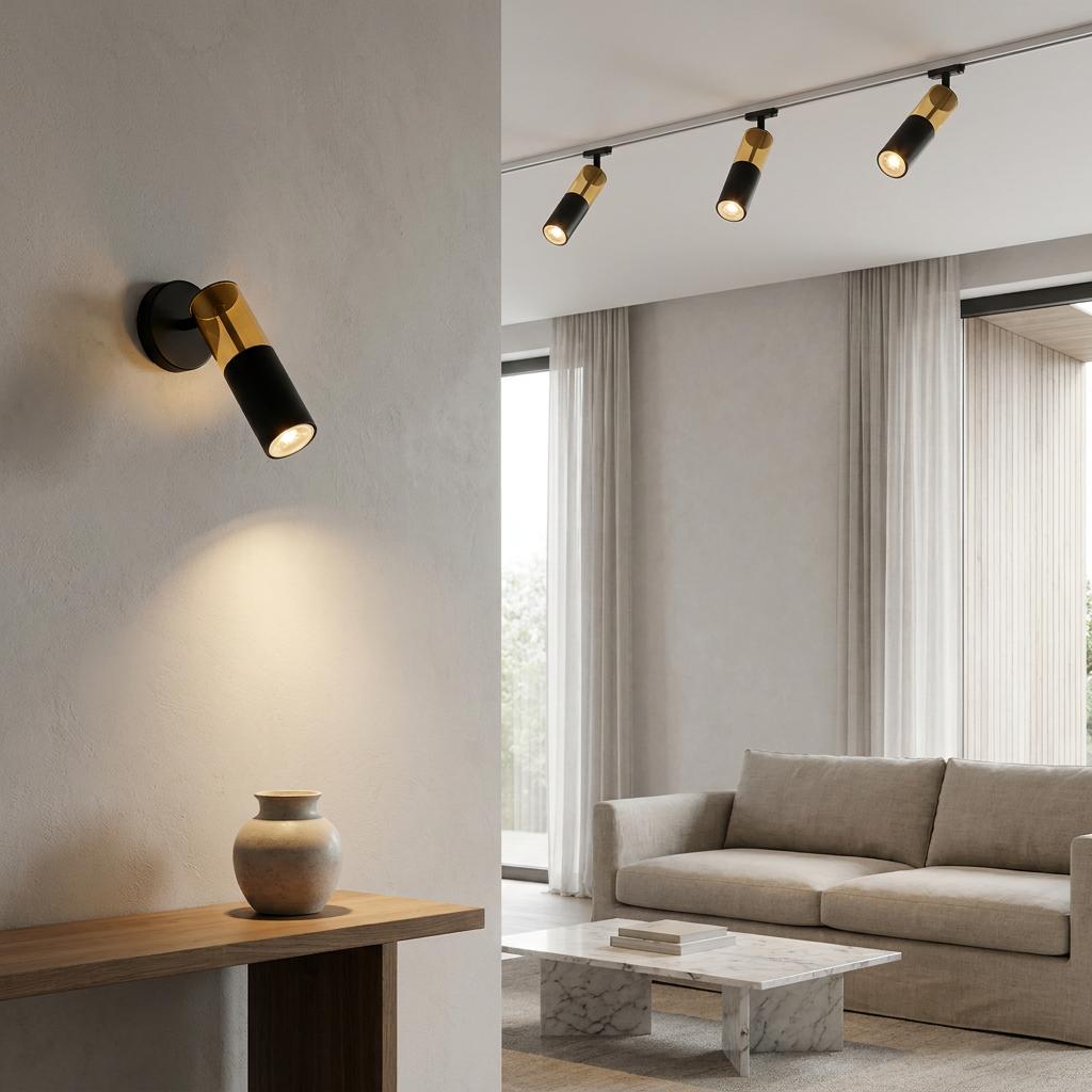 Black and gold cylindrical wall spotlight casting light in a modern minimalist living room.