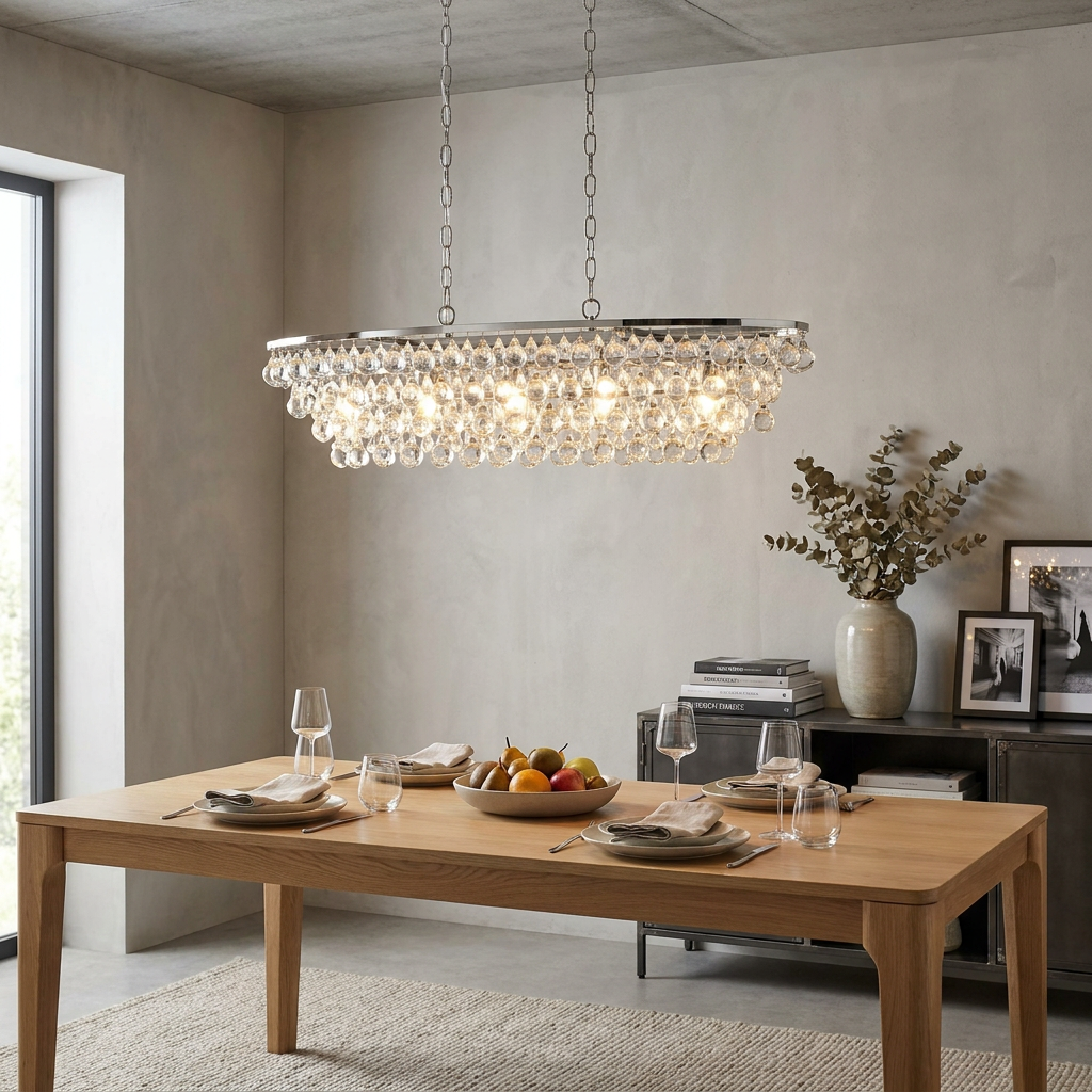 Chrome oval ceiling pendant with cascading crystal droplets illuminates a modern wooden dining table setting.